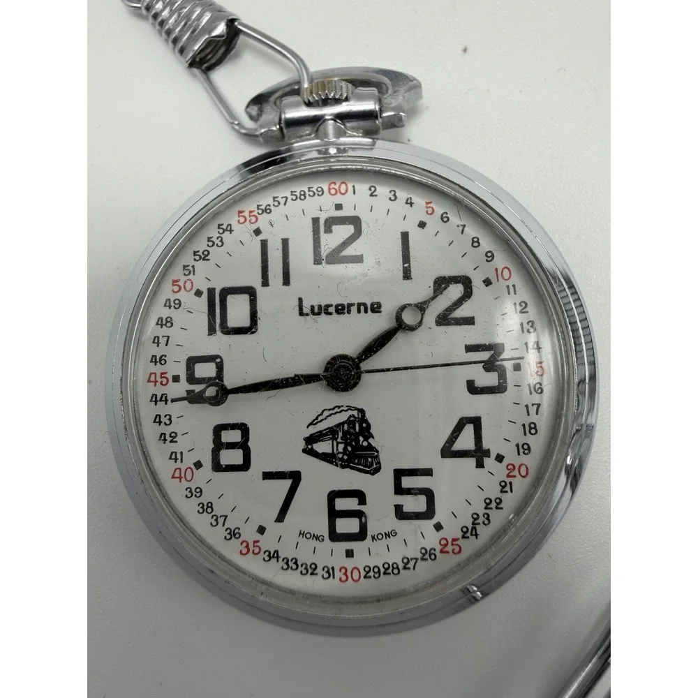 Lucerne‎ Train Railroad Pocket Watch Manual Wind 40MM Works Silver Tone